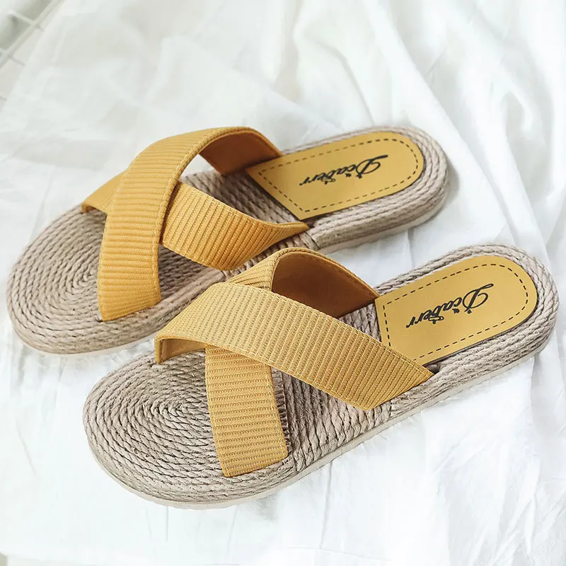 2022 Summer Cross Hemp Thong Platform Wedges Women Slippers Indoor Outdoor Beach Slides High Heels Basic Shoes for Women