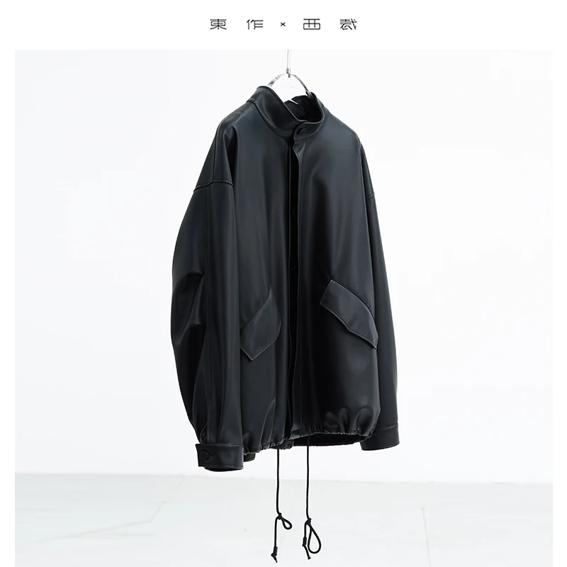 柔らかく快適な肌触り～レディース スモールスタンドカラー レザー ジャケット、クラシックなアメリカン バイカー風PUレザー ルーズジャケット、ドローストリングヘムデザイン