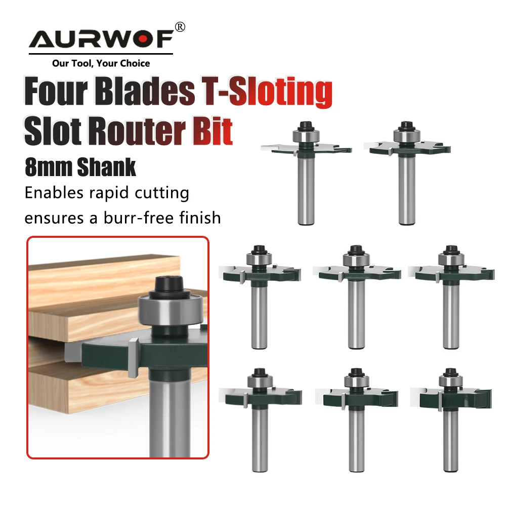 

Фреза для Т-образных пазов AURWOF, 1 шт., 8 мм, 4-зубчатая, Т-образная, с шарикоподшипником, для обработки дерева, для создания пазов
