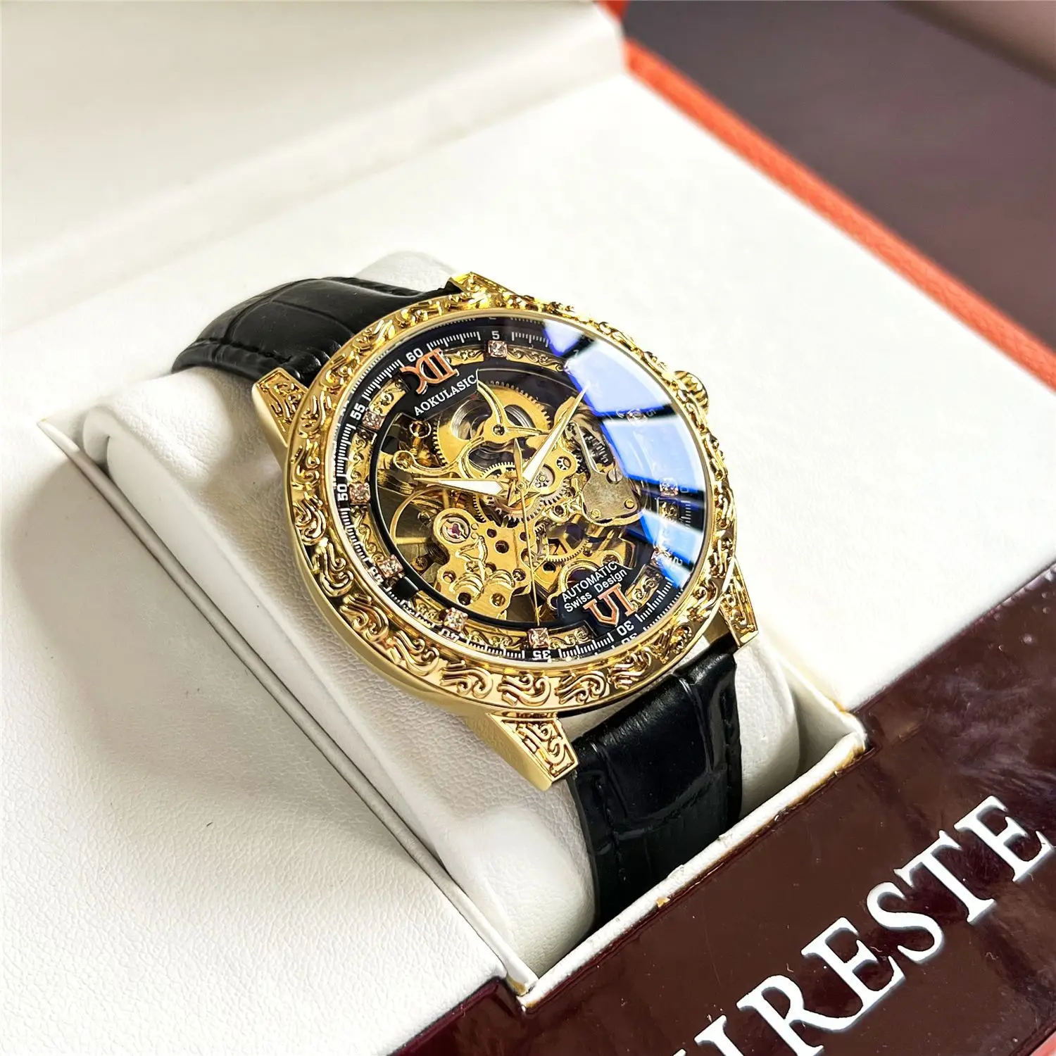 Stainless Steel Diamond Skeleton Carved Luminous Waterproof Genuine Leather Strap Self-Wind Automatic Watch for Men