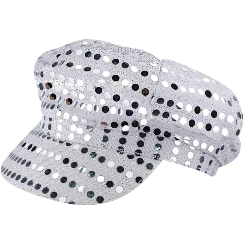 Glitzer Pailletten Hut Bling Kostüm Hut Retro Dress up Hut Baskenmütze Zeitungsjunge Mütze Geburtstag Party Tanz Hut Silber – Detail 3