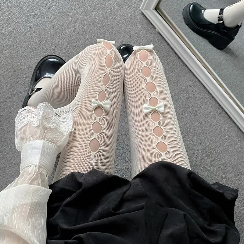 Lolita cosplay meninas bowknot oco para fora meia-calça sexy fina ins maré rendas meias anime preto branco fishnet meias de seda