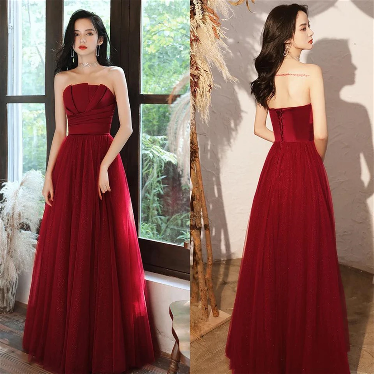 Personalizado clássico borgonha tule vestido de noite gracioso sem alças sem mangas rendas até voltar trem varredura vestidos de ocasião especial