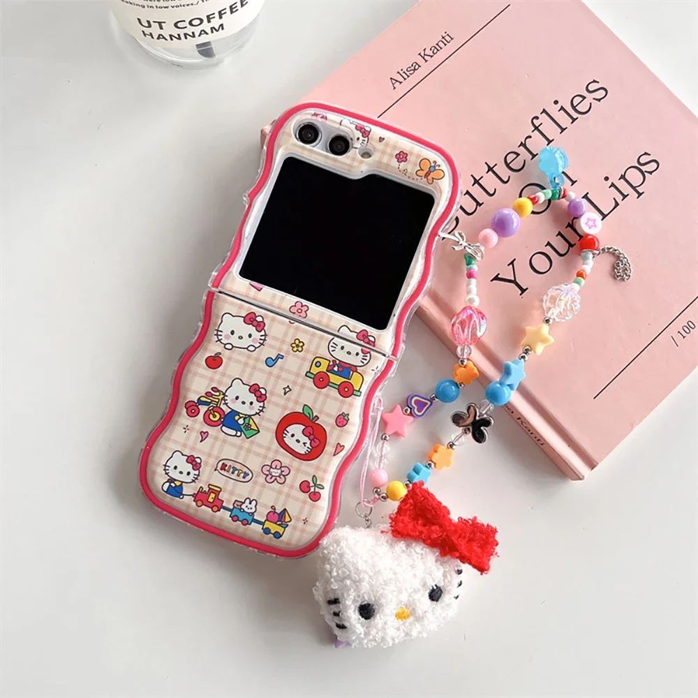 Cartoon Sanrio Hello Kitty with Plush Bracelet Phone Case for Samsung Galaxy Z Flip 3 4 5 5G PC Hard Anti-drop Back Cover Funda