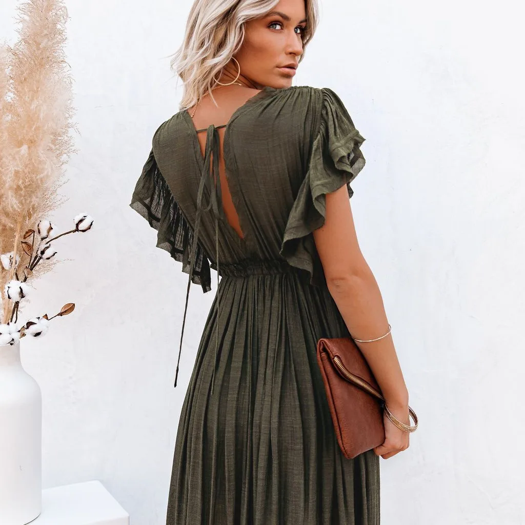 2024 Summer Long Bikini Cover Ups for Women Solid V-Neck Kimono Beach Dresses Lace Up Anti-Sun Swim Dress Bohemian Sarong Skirt