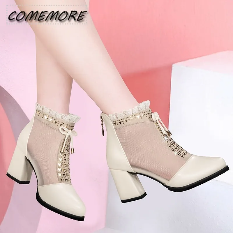 2024 Elegant High Heels Mesh Bow Summer Shoes High Heel Women Sandals Fish Mouth Black Leather Sandal Ankle Boots Luxury Fashion