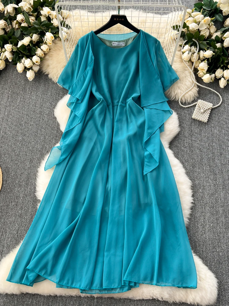 Summer Chiffon Casual Dress Women French Hollow Round Neck Midi Dresses Ladies Slim Short Sleeve Slim A-line Robe Vestidos