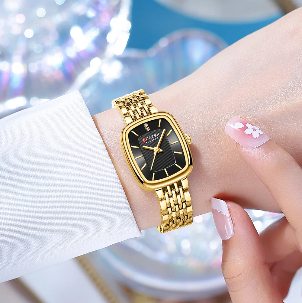 Curren 9093 Damen-Quarzuhr, wasserdicht, luxuriös, Party-Damenuhr, elegantes goldenes rechteckiges Zifferblatt, Quarzuhr, Armband, Geschenk – Detail 15