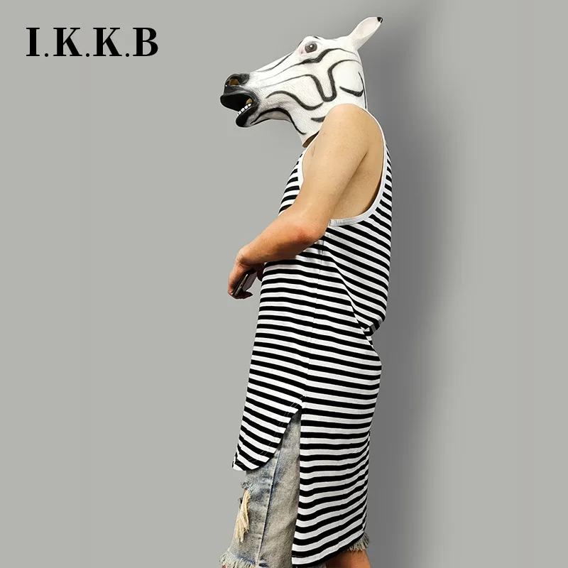 New Large Vest Men's Loose Long Base Black And White Stripe Solid Color Front Short Rear Long Vests Male Fashion T-shirt Tops