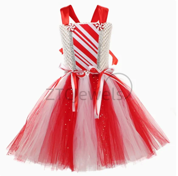 فستان توتو للفتيات لعيد الميلاد على شكل قصب الحلوى باللون الأحمر والأبيض اللامع زي السيدة سانتا كلوز للأطفال فساتين حفلات عيد الميلاد للعام الجديد #4