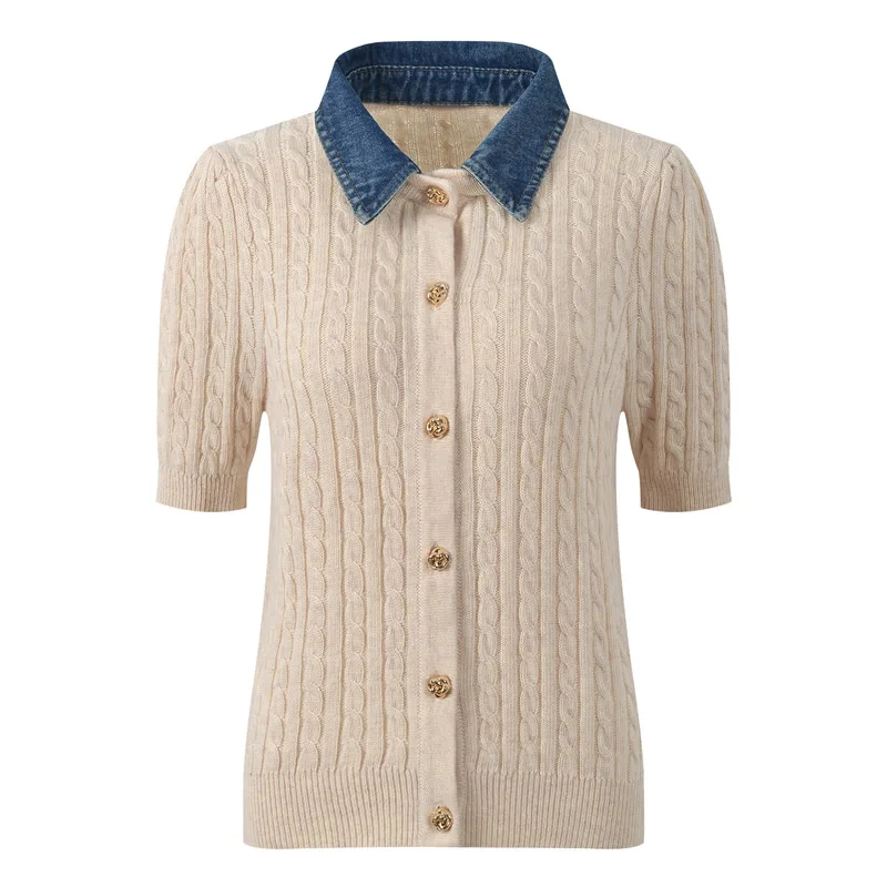 Women Turn-Down Collar Tops Knitted Cotton Button Short Sleeve Tops