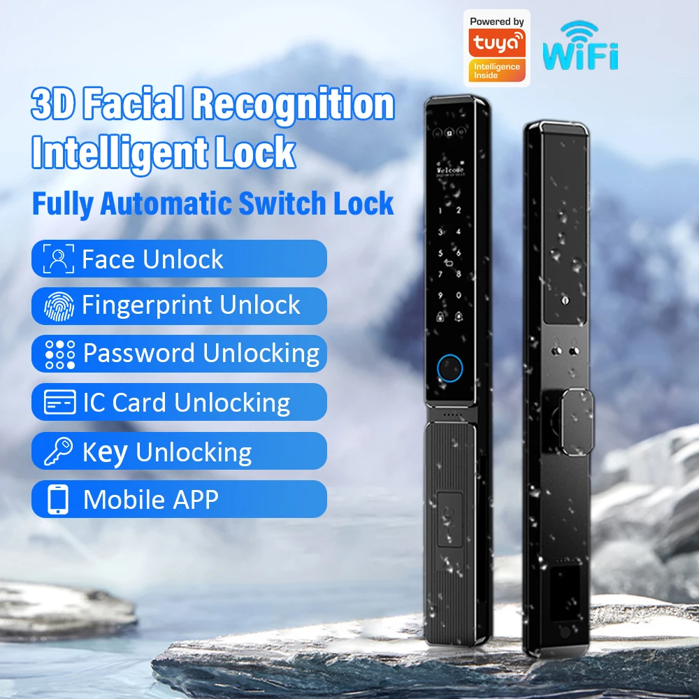 WIFI Support Tuya App Narrow Waterproof Facial Recognition Fingerprint Lock RFID Card Code Keyless Video Call Electronic Lock