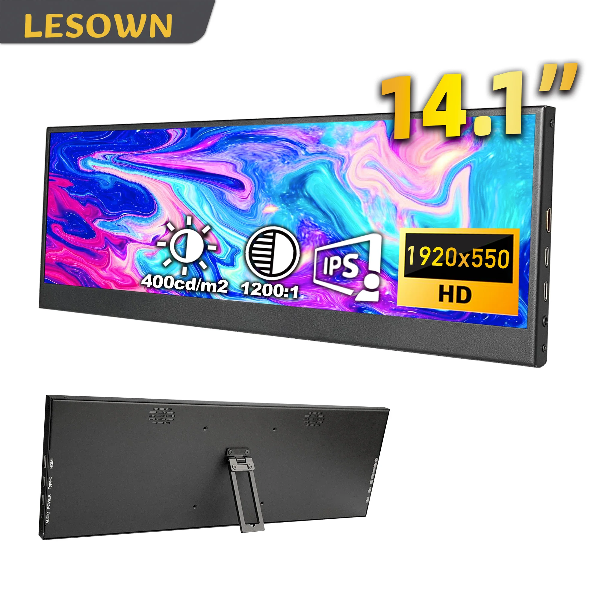 

LESOWN Raspberry Pi Monitor 14.1 Inch 1920x550 IPS LCD Stretched Bar Display PC Hardware Monitor Display for Windows mac OS PC