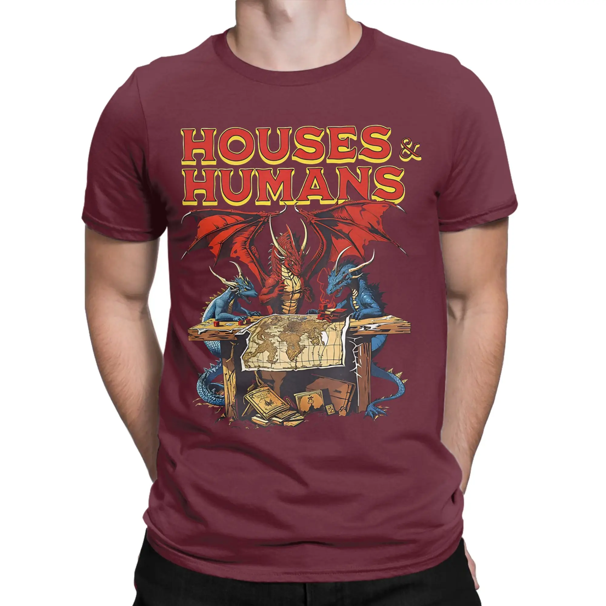 Novelty DnD Houses and Humans  T Shirt Men's Cotton Short Sleeve  Round Neck Summer Top Tee