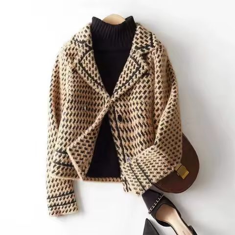 Jackets Women's Autumn Winter 2025 New Small Fragrance Short Coat Female Style Vintage Houndstooth Knitted Cardigan Outwear Tops