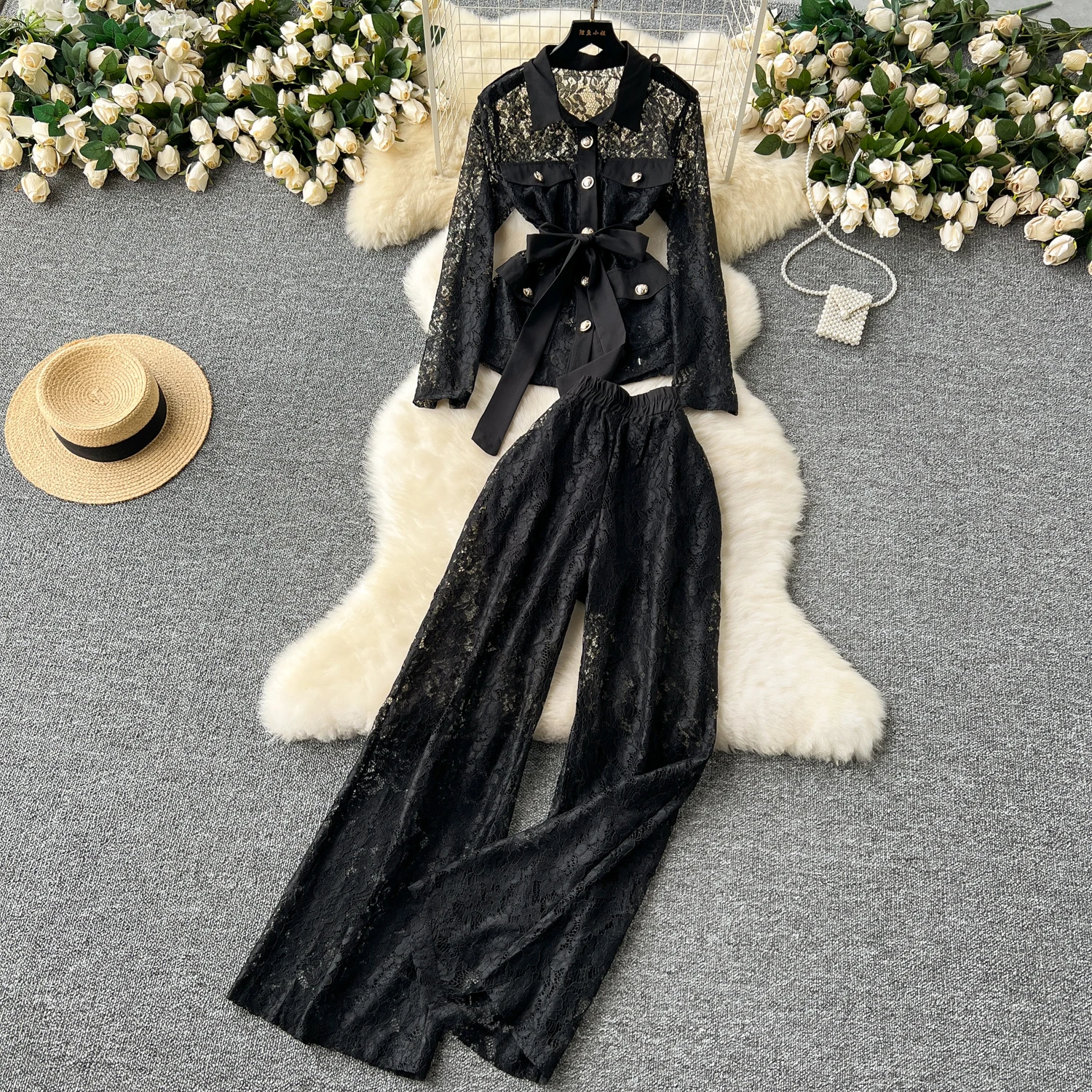 

Summer Two Pieces Sets Women loose cut out lace lool Sleeve shirt with Korean Fashion High Waist Wide Leg cut out Sets