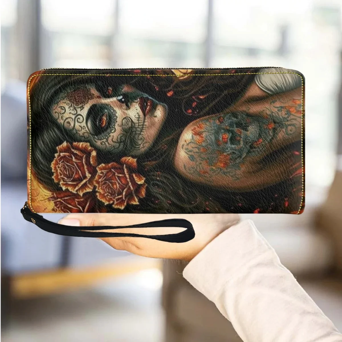 

Кошелек с дизайном Sugar Skull для девушек в готическом стиле, на молнии, женский, с длинным ремешком, повседневный, кожаный кошелек для монет P