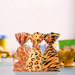 50 Pack Animal Print Gift Bags with Twist Ties - Giraffe, Leopard, Tiger Pattern Polypropylene Candy Bags for Party Favo
