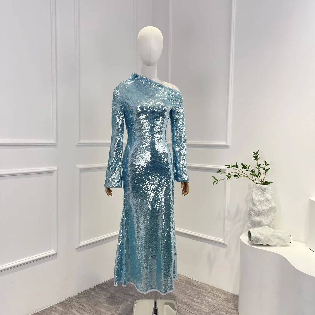 

Light Blue Shining Sequins Midi Dress for Party 2023 New Arrivals Top Quality Elegant Bodycon Inclined Shoulder Women Clothes