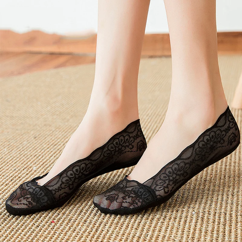 

5 Pairs/Lot Socks Women's Lace Invisible Summer Transparent Short No-Show Ankle Set White Low Cut Silicone Non-Slip Boat Sock