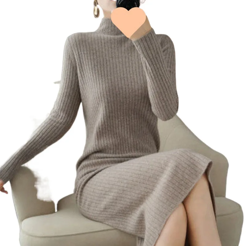 Long below the Knee Woolen Skirt 's Half Turtleneck Pullover Thickened Base Ride Sweaters Match with Coat Dress Women