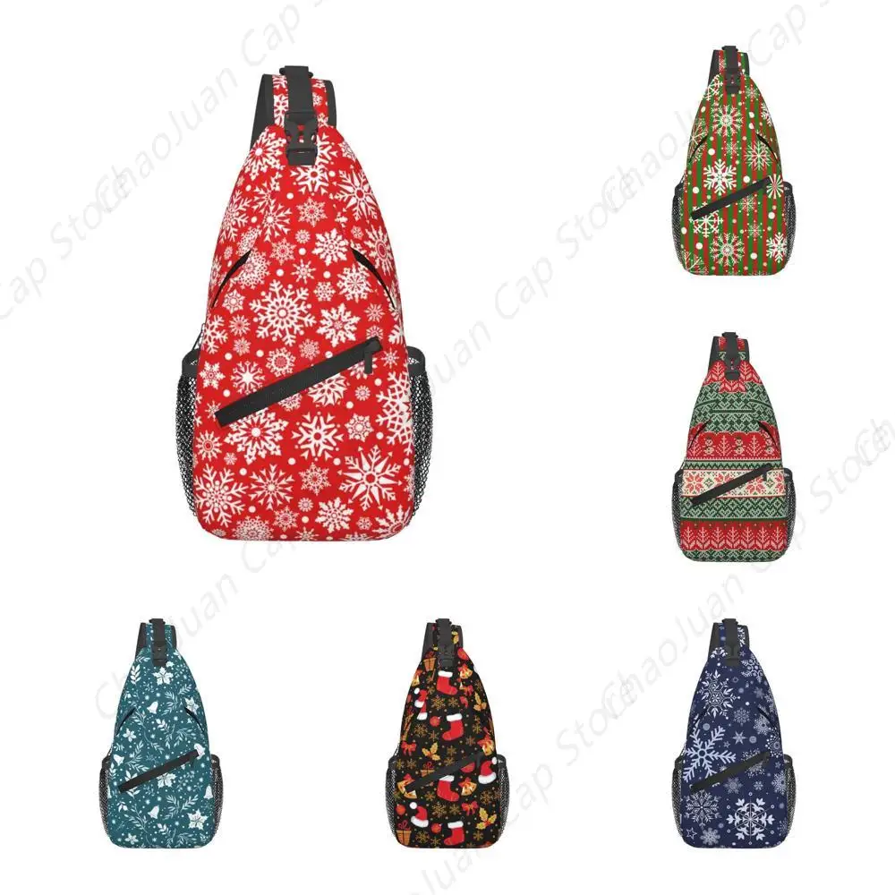 Snowflakes Christmas Red Cross Chest Bag Diagonally Hiking Crossbody Bag Travel Shoulder Daypack Lightweight Sling Backpack