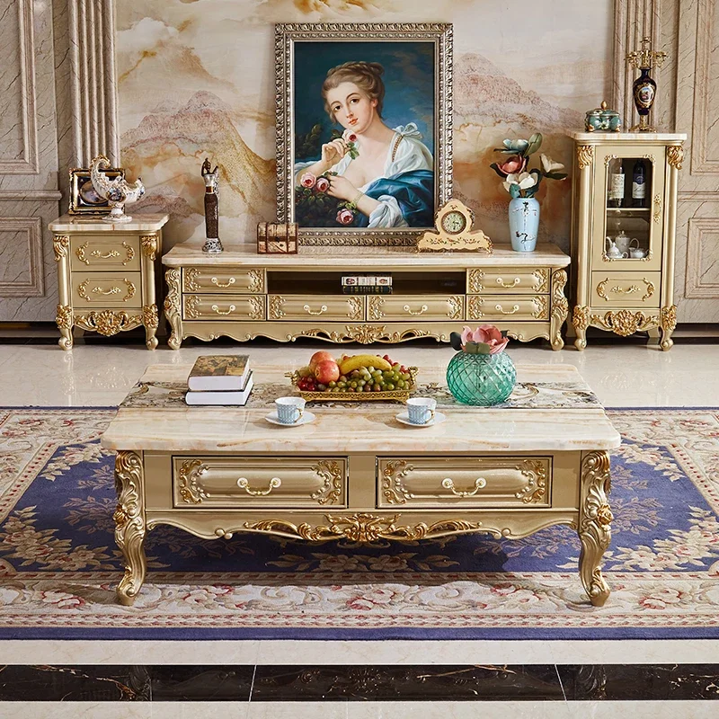 European-style furniture all solid wood coffee table luxury champagne gold marble coffee table TV cabinet combination