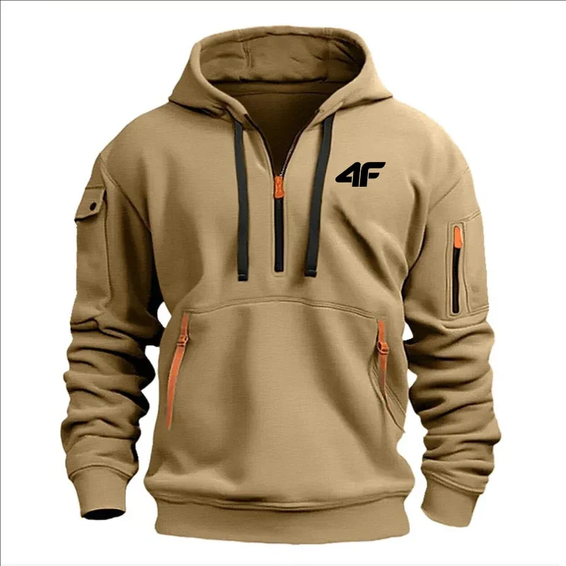 

2025 Spring and Autumn long-sleeved zipper multi-pocket men's loose sweatshirt, fashionable fitness hooded casual pullover