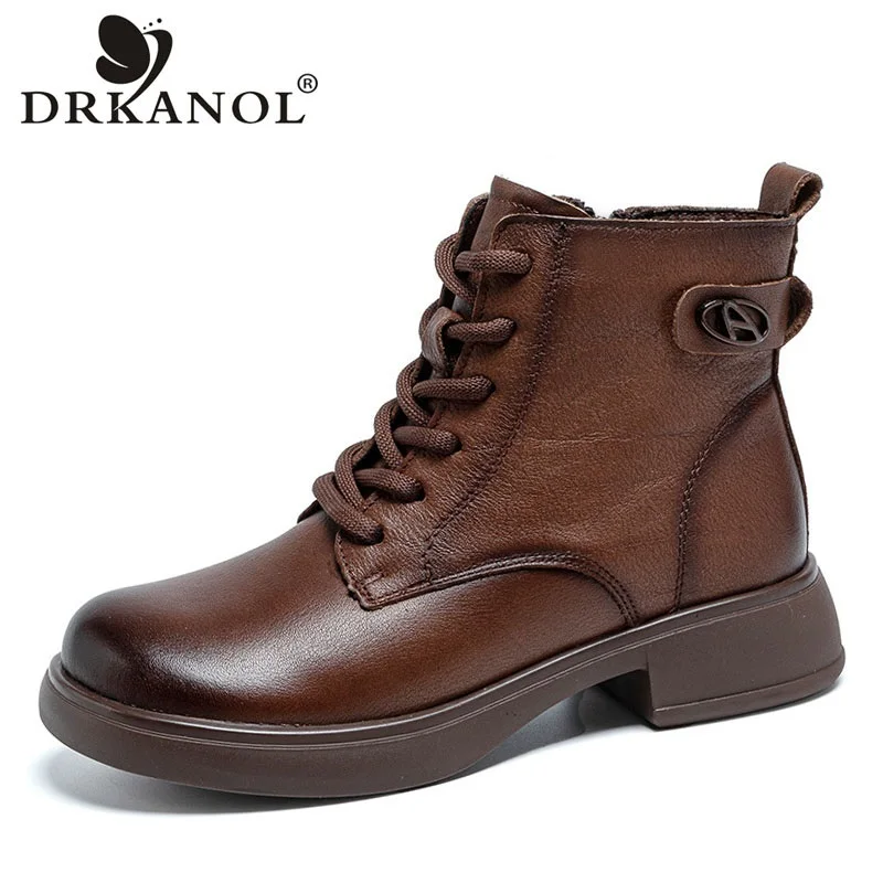 DRKANOL 2026 British Style Genuine Leather Ankle Boots For Women Winter Handmade Retro Plush Warm Thick Heel Casual Short Boots