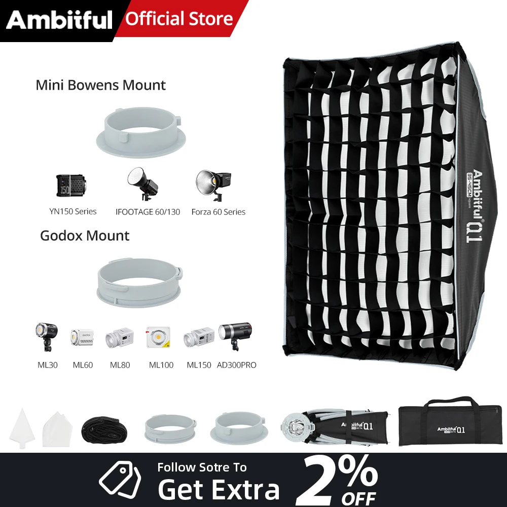 AMBITFUL Q1 35x45cm Strip Softbox Mini Bowens/Mini GODOX Mount Quick-Setup With Grid Softbox For GODOX Forza 60 Seres YN150 ﻿