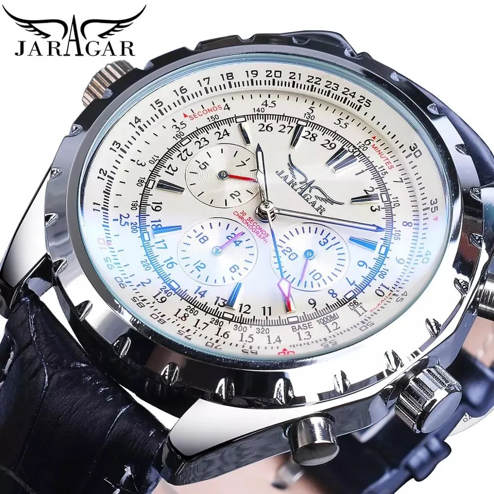 

Fashion Jaragar Top Brand Multi Functional Men's Automatic Mechanical Business Leisure Genuine Leather Week Calendar Watch