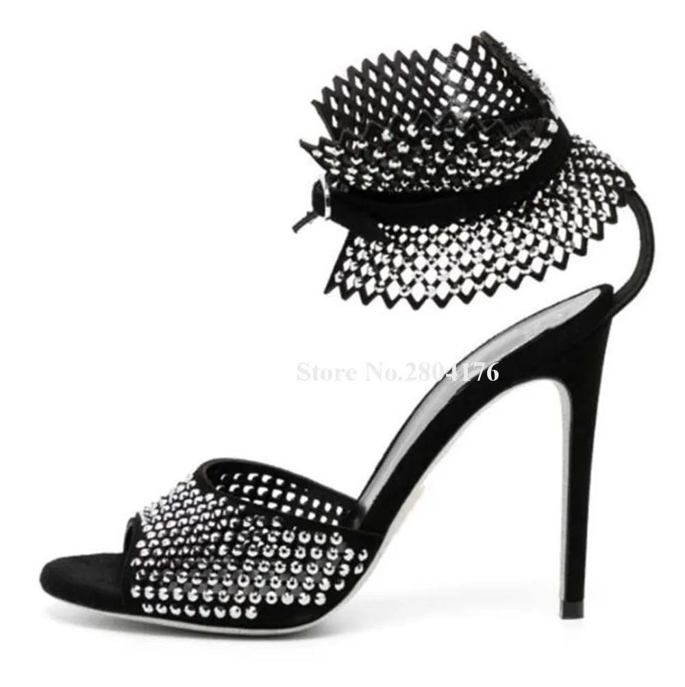 Shining Rhinestones Mesh Stiletto Heel Sandals Peep Toe Crystals Ankle Wrap Buckles Thin Heel Black Pink White Wedding Sandals