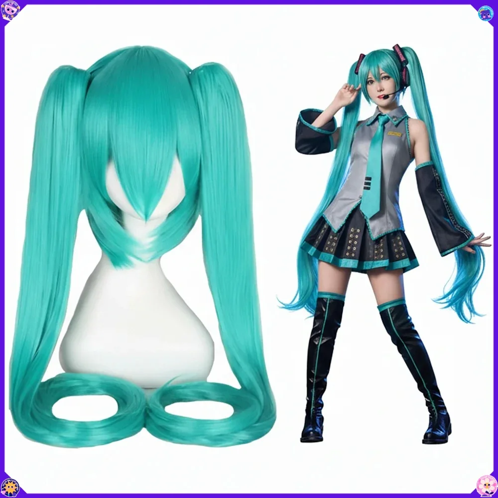 Mi-ku Inspired 110cm Synthetic Long Blue Cosplay Wig with Detachable Twin Ponytails Heat Resistant Fiber Hair + Wig Cap For