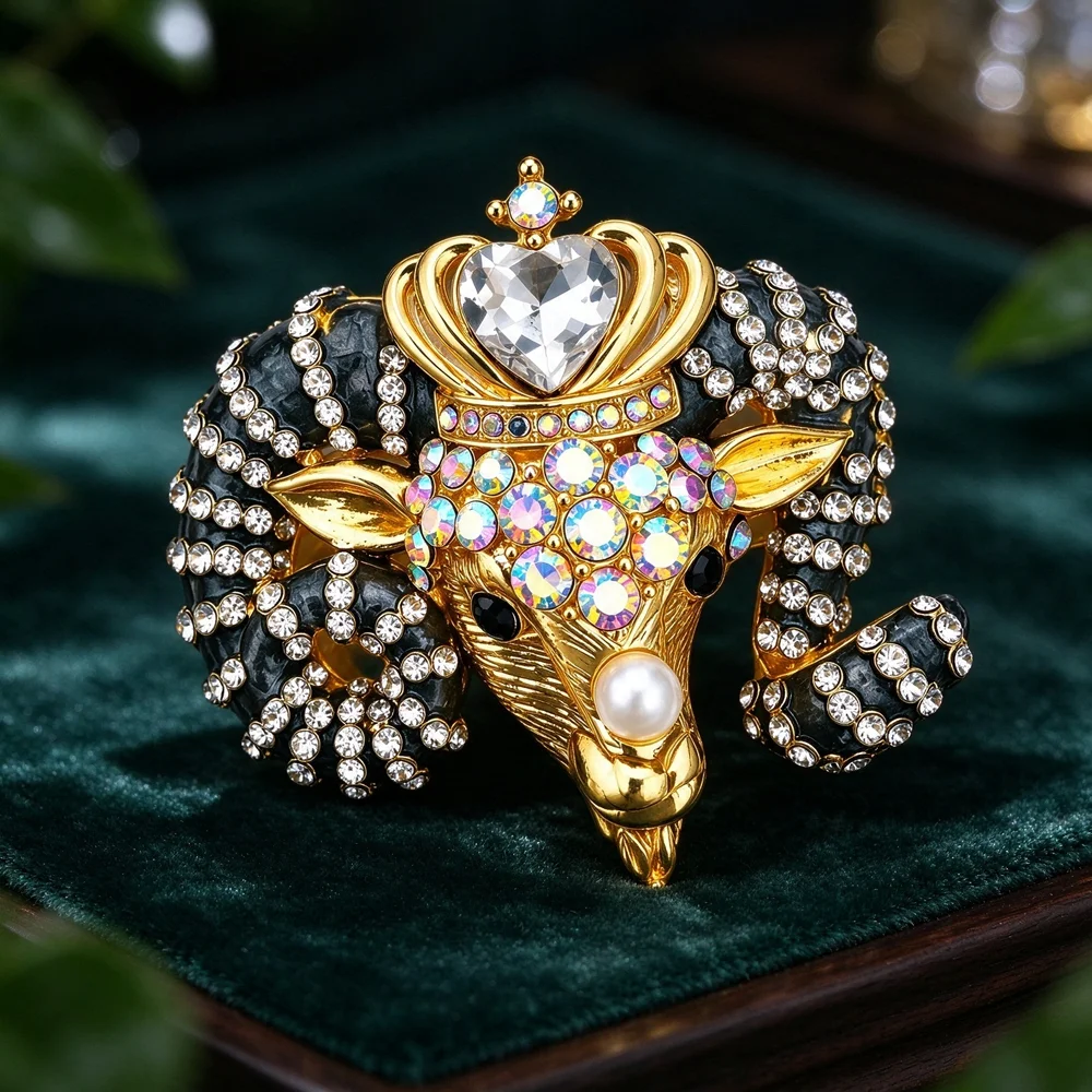 Luxury Ram Head Brooch Crown Heart Rhinestone Imitation Pearl Inlaid Alloy Animal Lapel Pin Elegant Clothing Jewelry