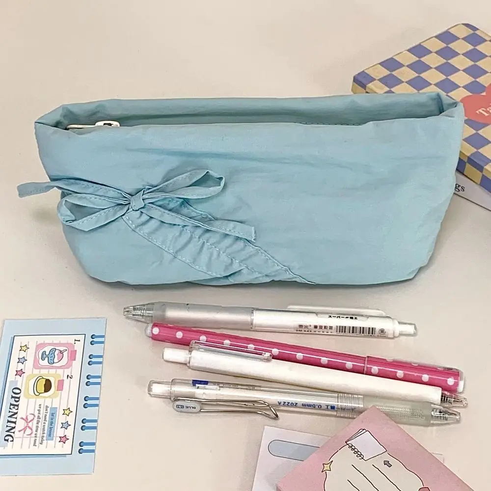 Bow Large Capacity Pen Case Wrinkle Design Detachable Stationery Storage Bag Cartoon Draw Rope Makeup Lipstick Bag
