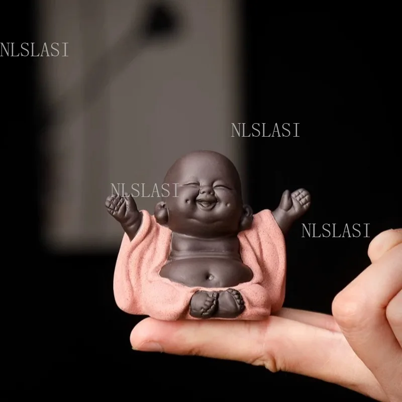 Cute Laughing Buddha Tea Pet Zisha Mini Monk Figurine Colorful Robe Little Maitreya Statue Kung Fu Tea Tray Desktop Ornament