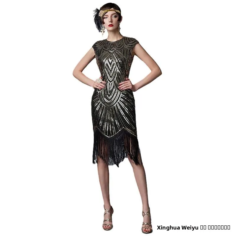 Abito da sera retrò Gatsby con paillettes fatto a mano Dr 920 Costume da spettacolo teatrale Collezione primaverile di abbigliamento etnico da donna