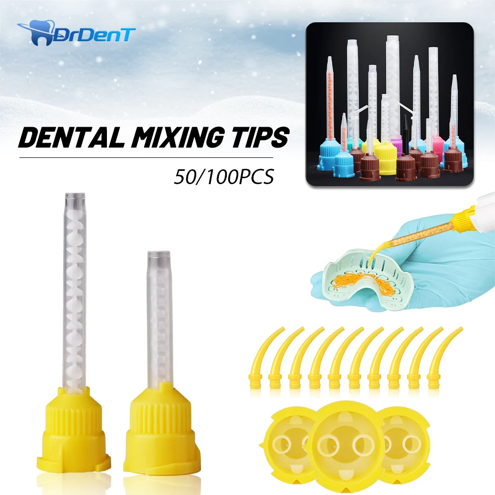 50/100Pcs Dental Mixing Tips Disposable Mixers Yellow 1:1 Yellow Mixing Tips Disposable Dentistry Bozzles Mixing Tube