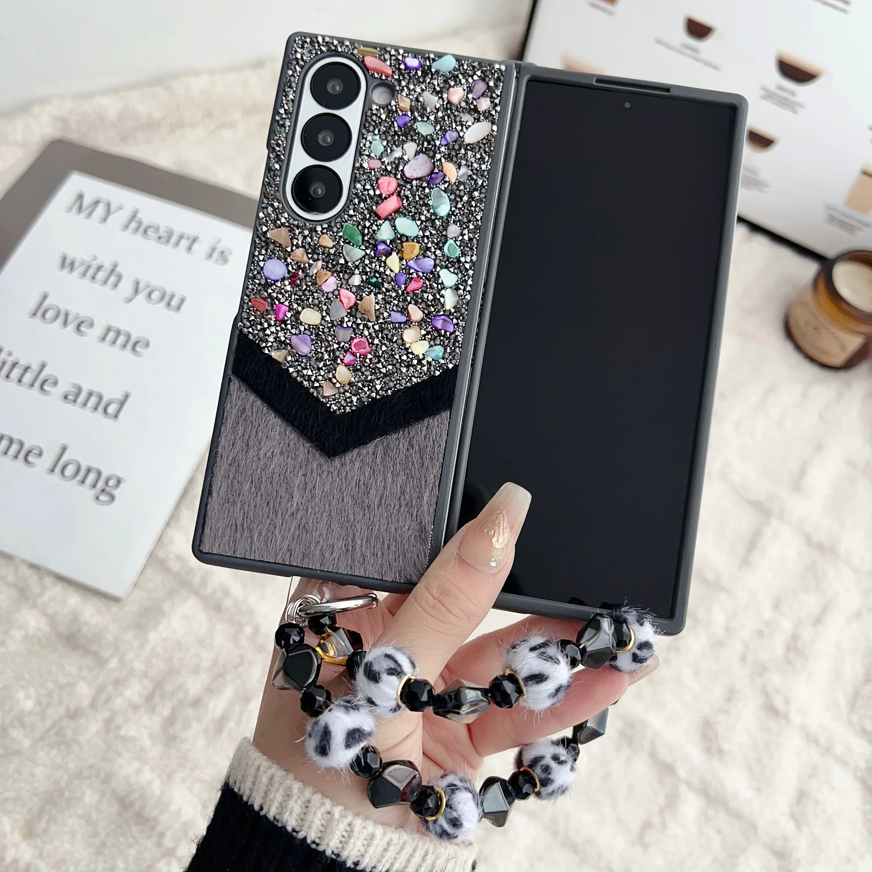 

For Samsung Z fold 6 4 3 Folding Screen Flash Stone Splicing Leopard Print zfold5 Soft Border Drop Strap Portable Phone Case