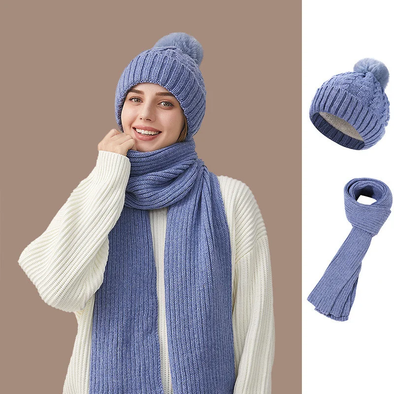 Winter New Women's Plush BeaniesTwists Hair Ball Knitted Thick Hat Warm Solid Scarf Outdoor Ski Ear Protection Two Piece Sets