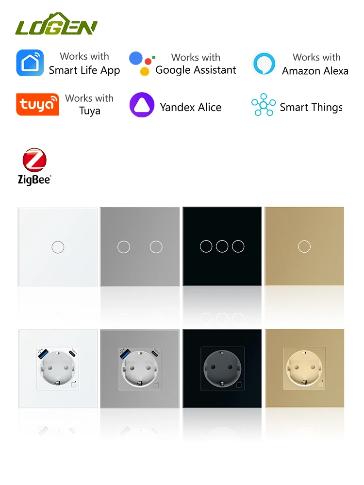 LOGEN Tuya Zigbee Smart Socket Voice Control Timer Schedule Alexa Glass Panel 1Way 220V Need Neutral Wire Smart Touch Switch