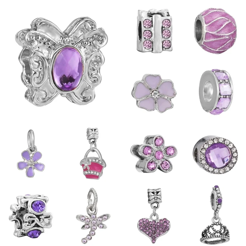 

Purple Crown Love Diamond Pendant Round Flower Bead String Boy Girl DIY Accessories For Pandora Charms Jewelry Festival Gifts