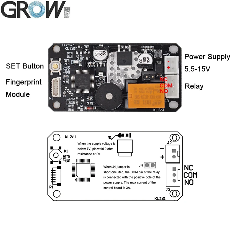 GROW KL261 DC5.5-15V Релейный выход Низкое энергопотребление Плата контроля доступа по отпечаткам пальцев с режимом самоблокировки Режим зажигания