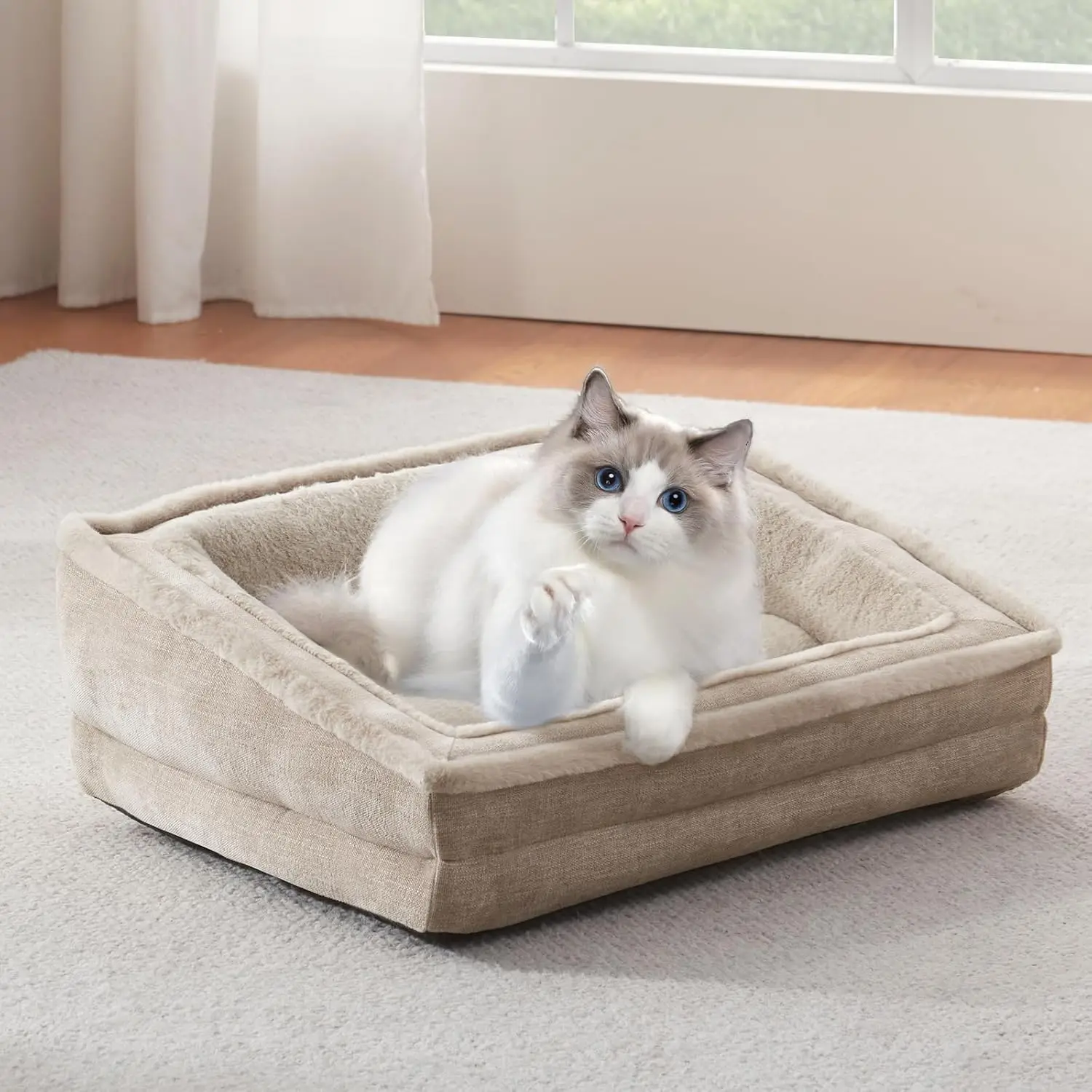 

Washable Cat & Dog Couch Bed – Super Soft Plush, Anti-Slip Bottom – 24" Supportive Pet Bed for Indoor Cats & Puppies – Beige
