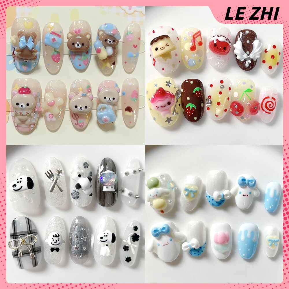 

Y2K Sweet Kawaii Rilakkuma Cinnamoroll Handmade Press On Nails Bowknot Wings Strawberry Polka Point Flowers French False Nails