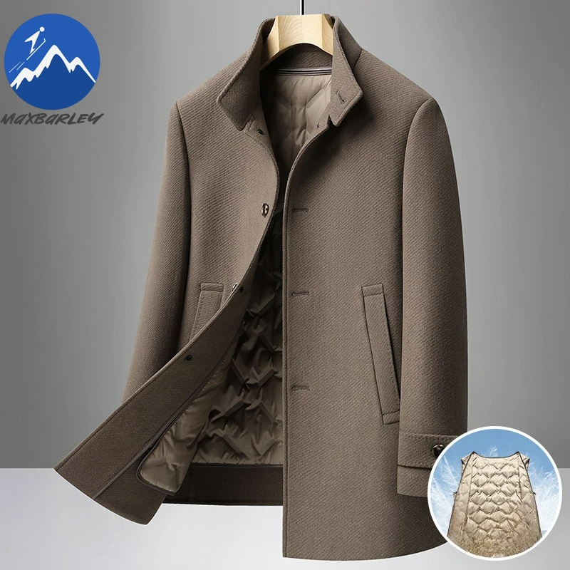 

Maxbarley Mens Down Jacket Stand Collar Office Lightweight Goose Down Padding Coat Premium Detachable Inner Layer Warm Wool Coat