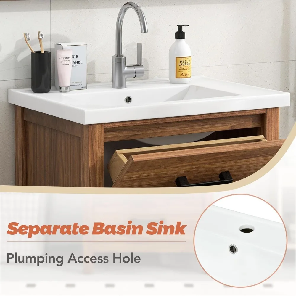 Mobile da bagno da 24" con lavabo, mobile da bagno con cassetto ribaltabile e due cassetti estraibili, lavabo singolo indipendente, legno