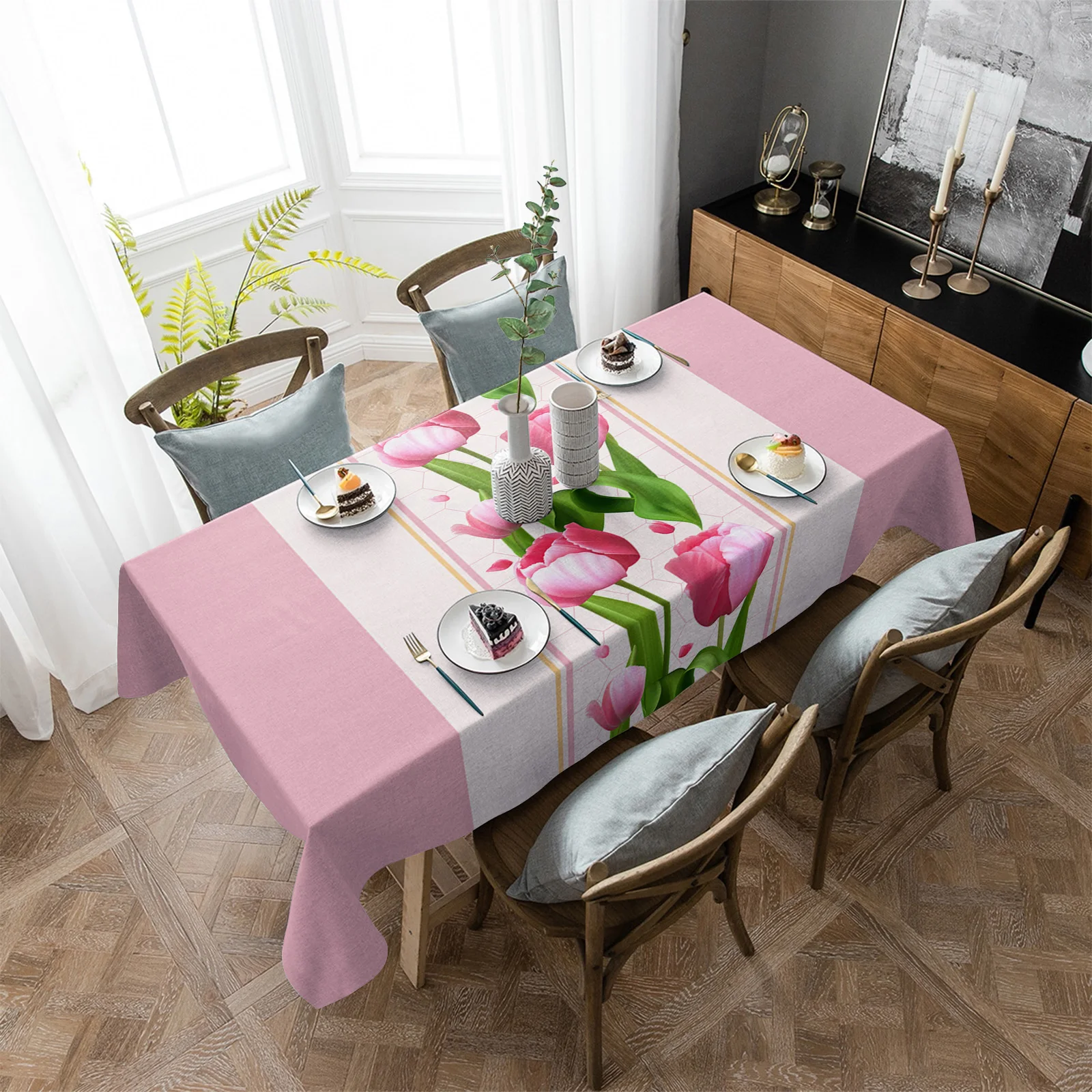 

Mother'S Day Pink Tulips Waterproof Tablecloth Party Decorations Supplies Rectangle Table Cloth for Kitchen Table Decor