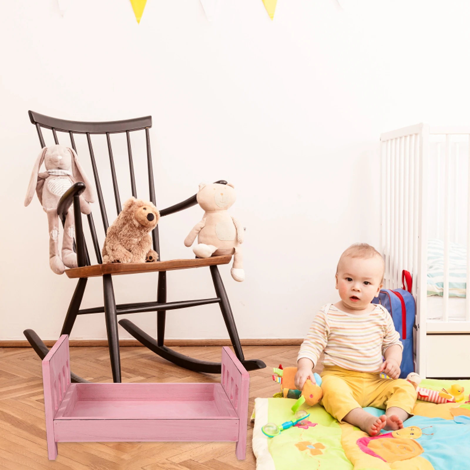 

Wooden Baby Bed Prop Vintage Design Solid Wood Newborn Photography Setup Baby Photoshoot Prop Multifunctional Infant Wood Bed