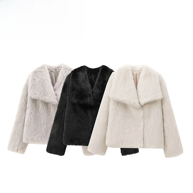 ZBZA Wiosna Nowa Damska Moda Imitacja Futra Kurtka 4360240 Długi Rękaw Dekolt V Luźny Krój Do Pracy